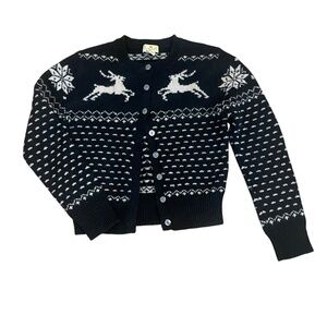 Pristine vintage limited black ivory wool cardigan fair isle reindeer design S
